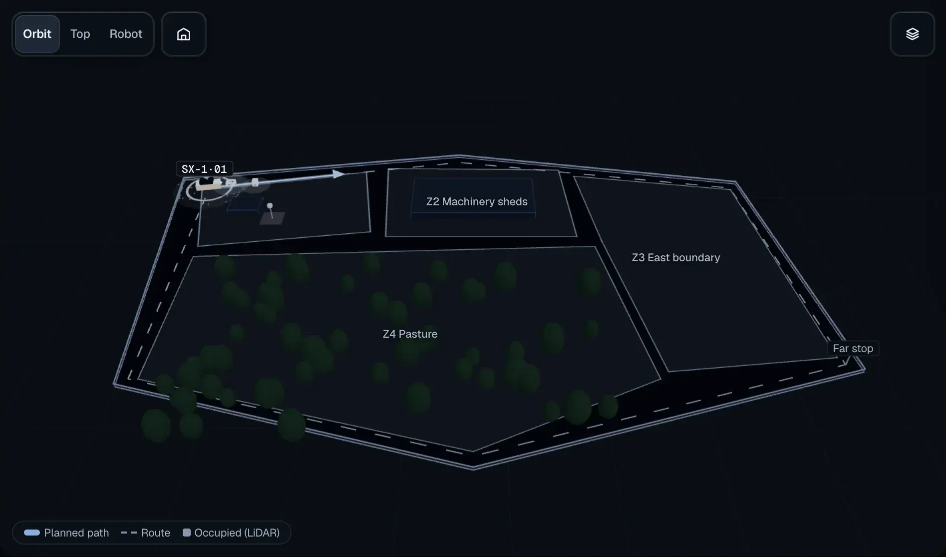 Mockup of SeaX Field: the 3D map of the Sample estate with its four zones, the SX-1·01 robot on its route and the “Zones” layer open.