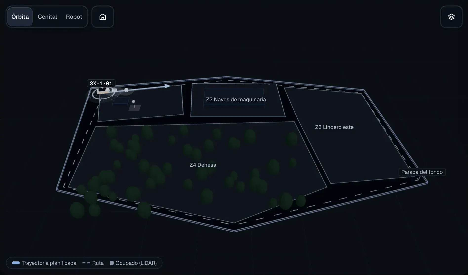 Maqueta de SeaX Field: el plano 3D de la Finca de ejemplo con sus cuatro zonas, el robot SX-1·01 en su ruta y la capa «Zonas» abierta.