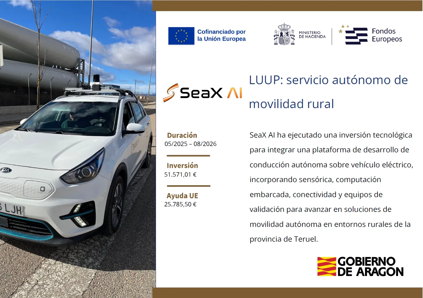 Cartel del proyecto LUUP con el vehículo de desarrollo, duración 05/2025 a 08/2026, inversión de 51.571,01 €, ayuda UE de 25.785,50 € y logotipos de la Unión Europea, el Ministerio de Hacienda, Fondos Europeos y el Gobierno de Aragón