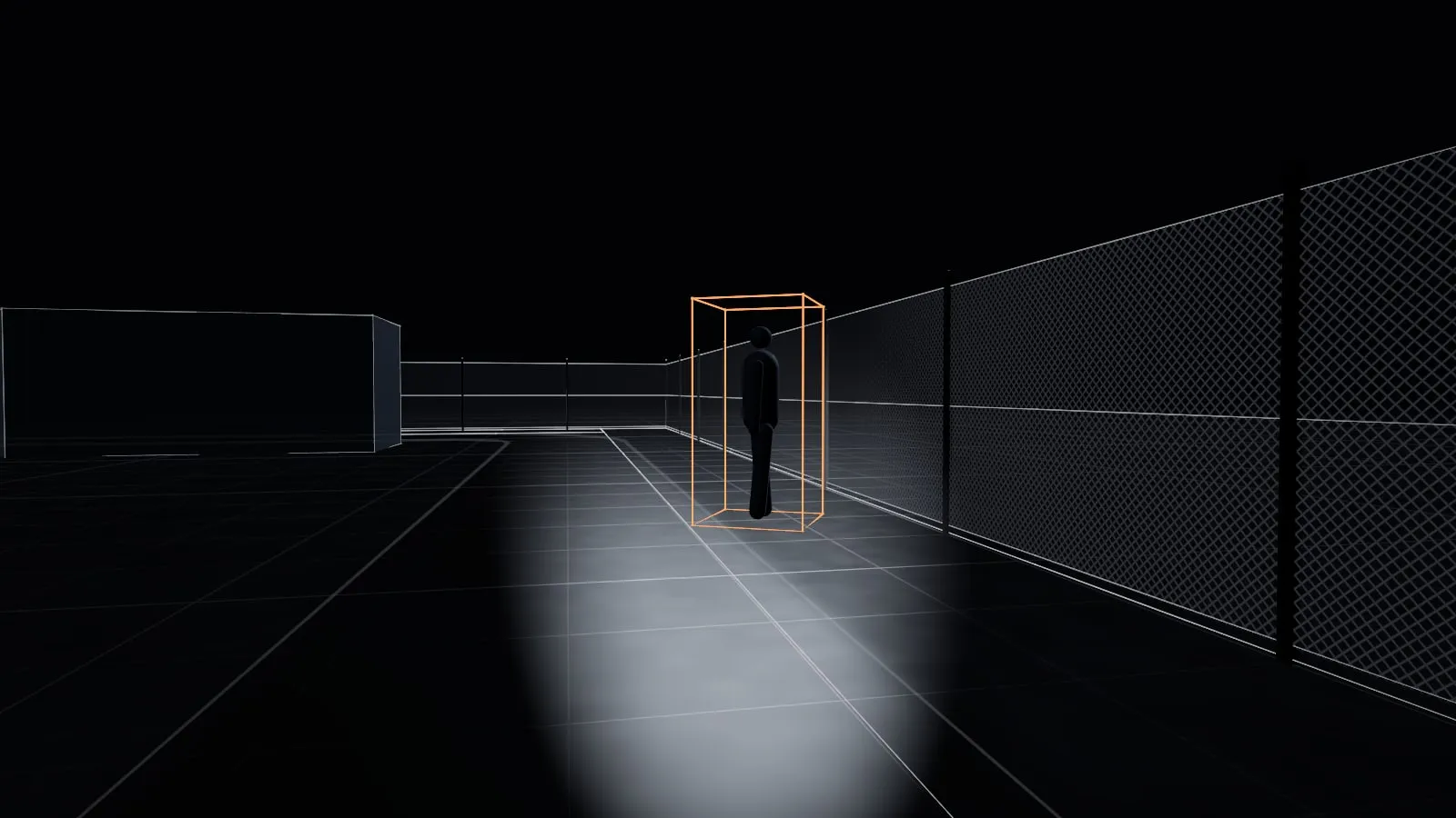 Simulación: la cámara del robot ve de noche a una persona junto a la valla, marcada con su caja de detección