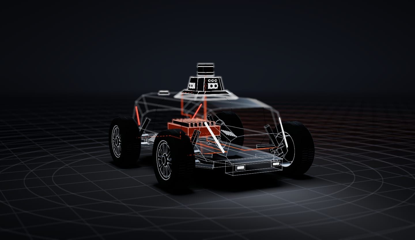 Modelo 3D ilustrativo del vehículo de frente, con la carrocería transparente: los datos de los sensores van al cómputo a bordo de SeaX Drive y de ahí a las ruedas de la plataforma.