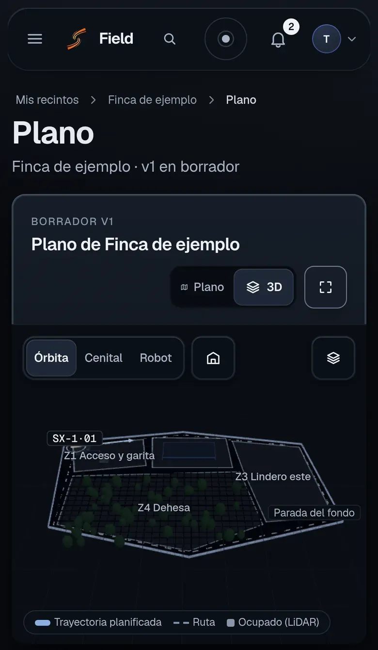 Maqueta de SeaX Field en el móvil: el plano de una finca de ejemplo en 3D, con sus cuatro zonas, la ruta del robot SX-1, sus paradas y lo que ve el LiDAR.