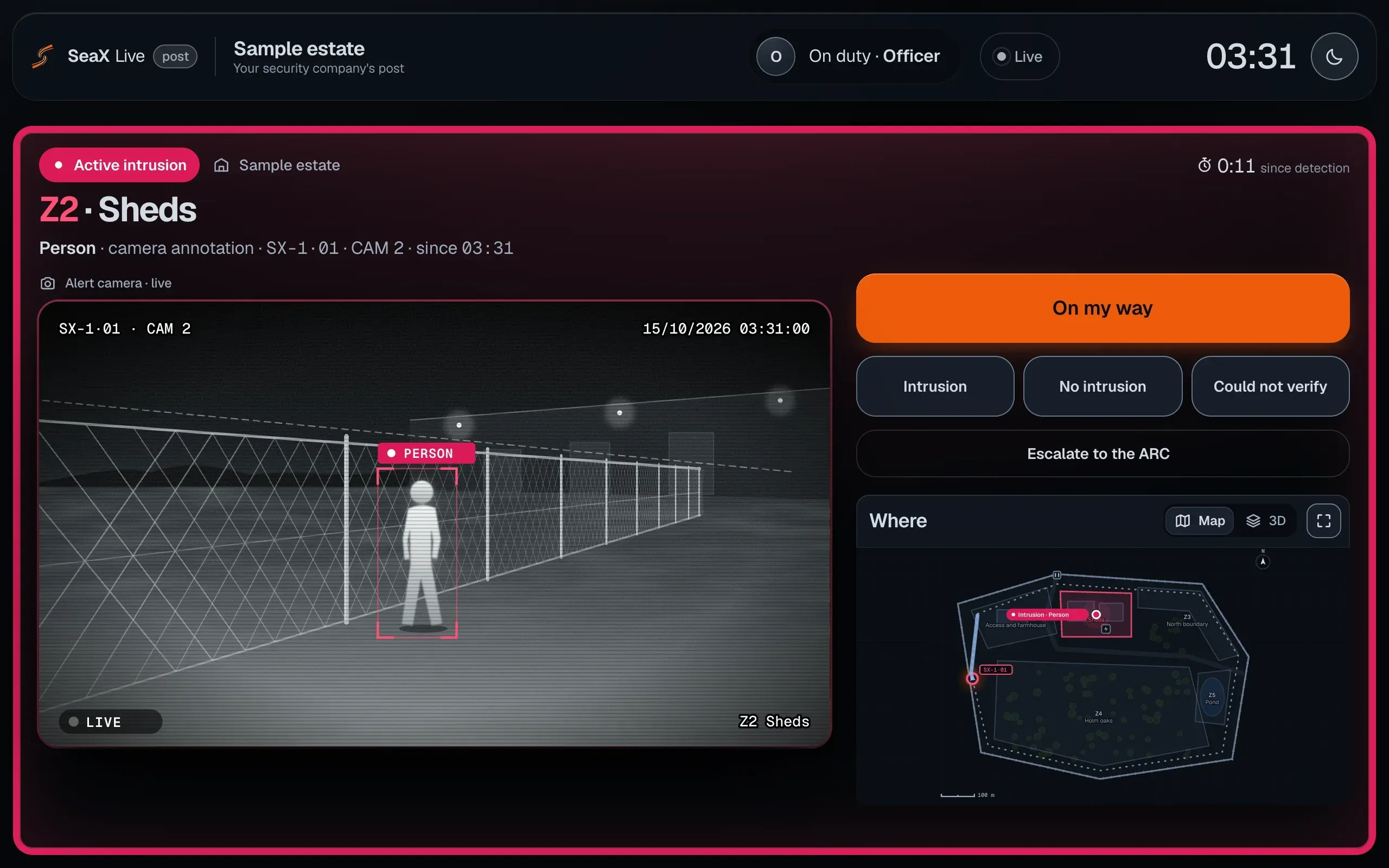 Mockup of SeaX Live at your security company’s post: an active intrusion in Z2 · Sheds at 03:31, with camera 2 of the SX-1·01 robot live and the person marked, the “On my way” button, the outcomes “Intrusion”, “No intrusion” and “Could not verify”, “Escalate to the ARC” and the “Where” map.