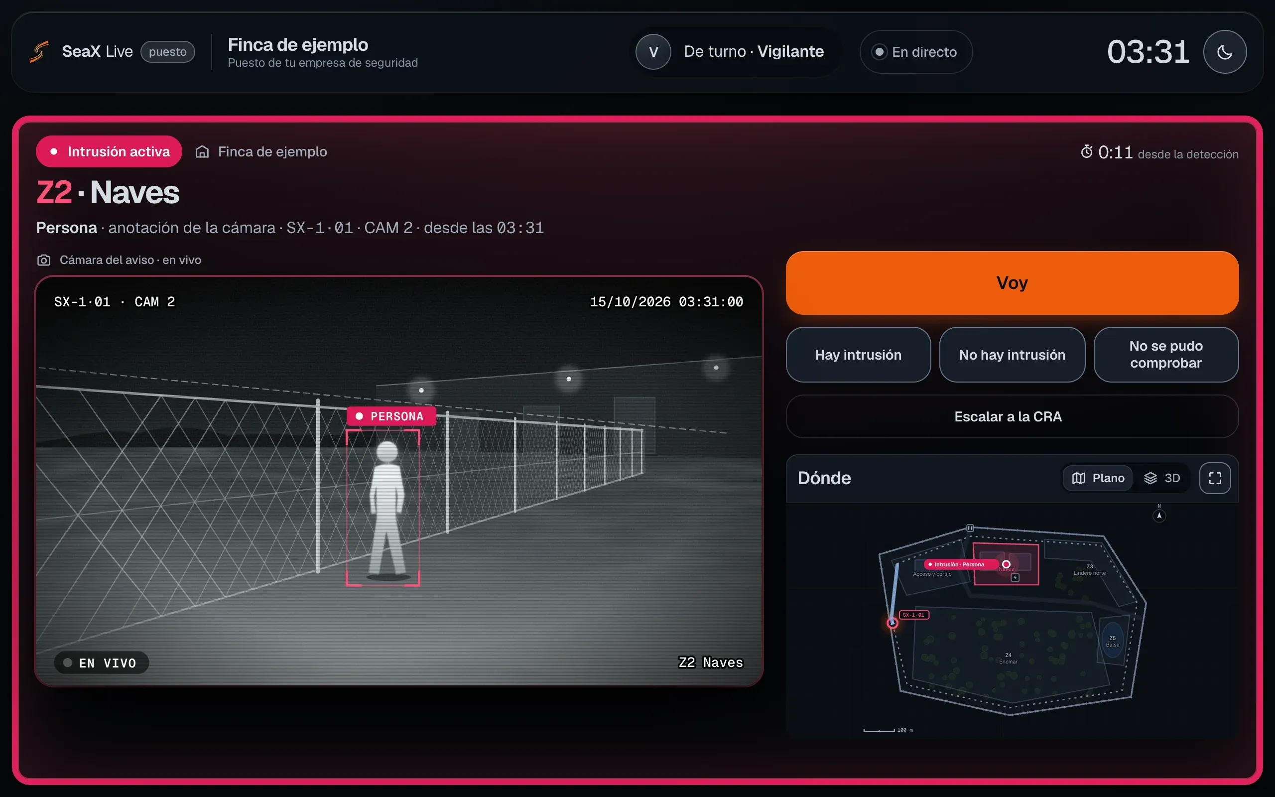 Maqueta de SeaX Live en el puesto de tu empresa de seguridad: intrusión activa en Z2 · Naves a las 03:31, con la cámara 2 del robot SX-1·01 en directo y la persona marcada, el botón «Voy», los desenlaces «Hay intrusión», «No hay intrusión» y «No se pudo comprobar», «Escalar a la CRA» y el plano «Dónde».