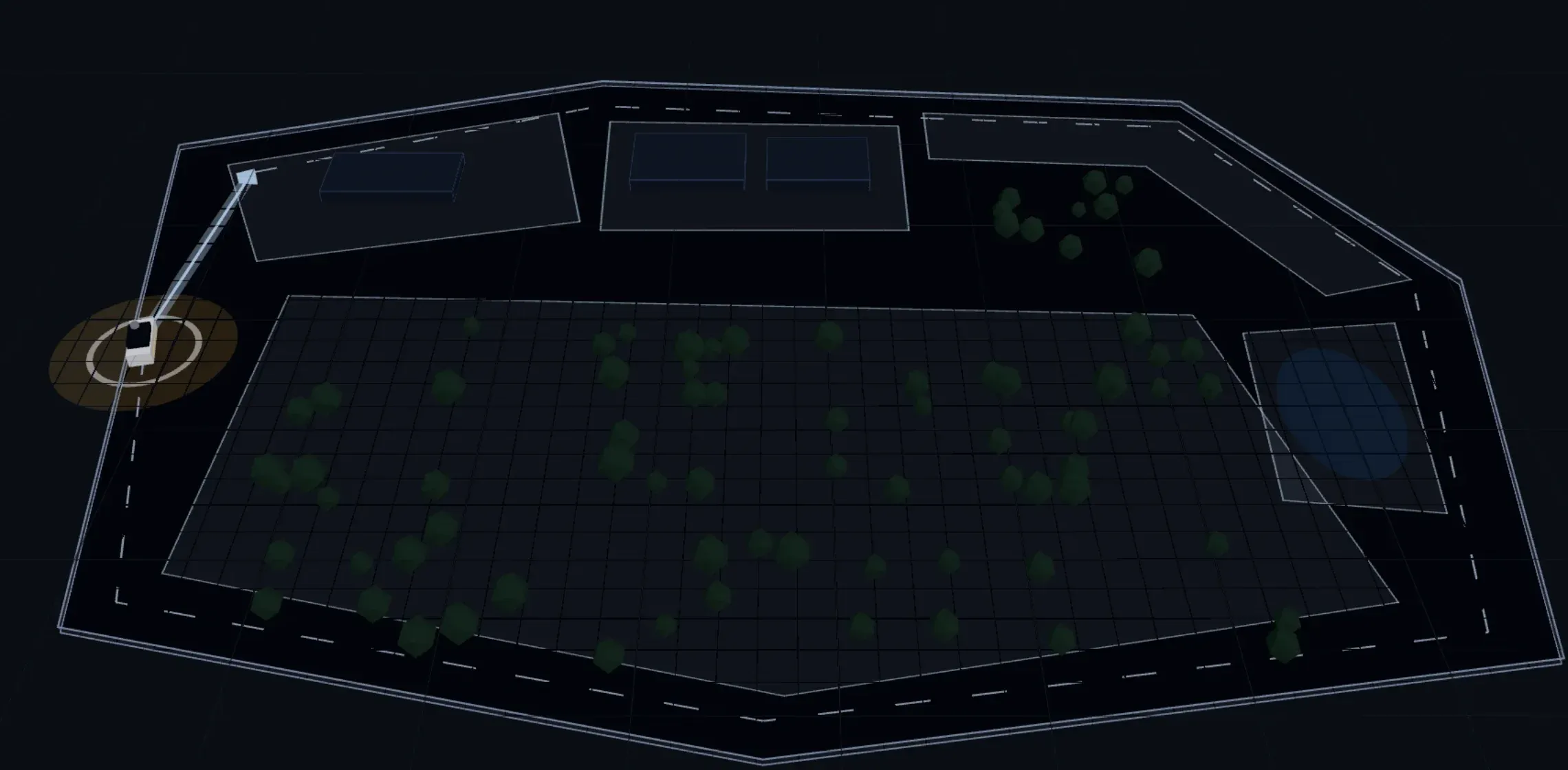 Mockup of the SeaX View 3D view: the Sample estate with its zones, buildings, holm oaks and pond, and the SX-1 robot with its planned path.
