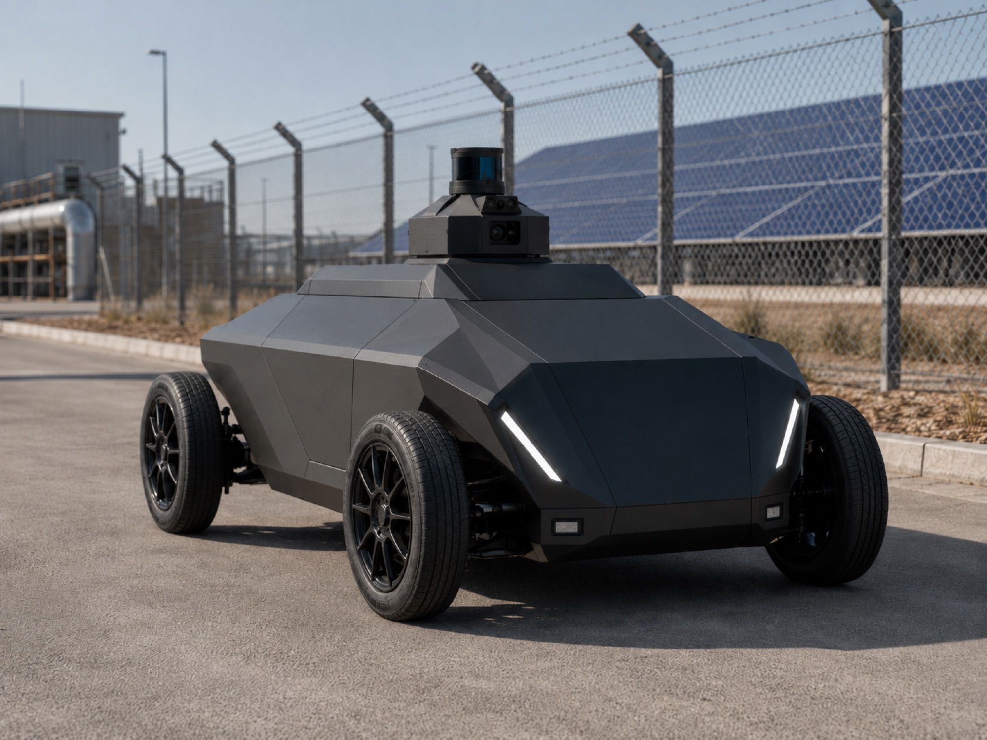 Render del robot SX-1 de día, de frente y a tres cuartos junto a la valla de un recinto.