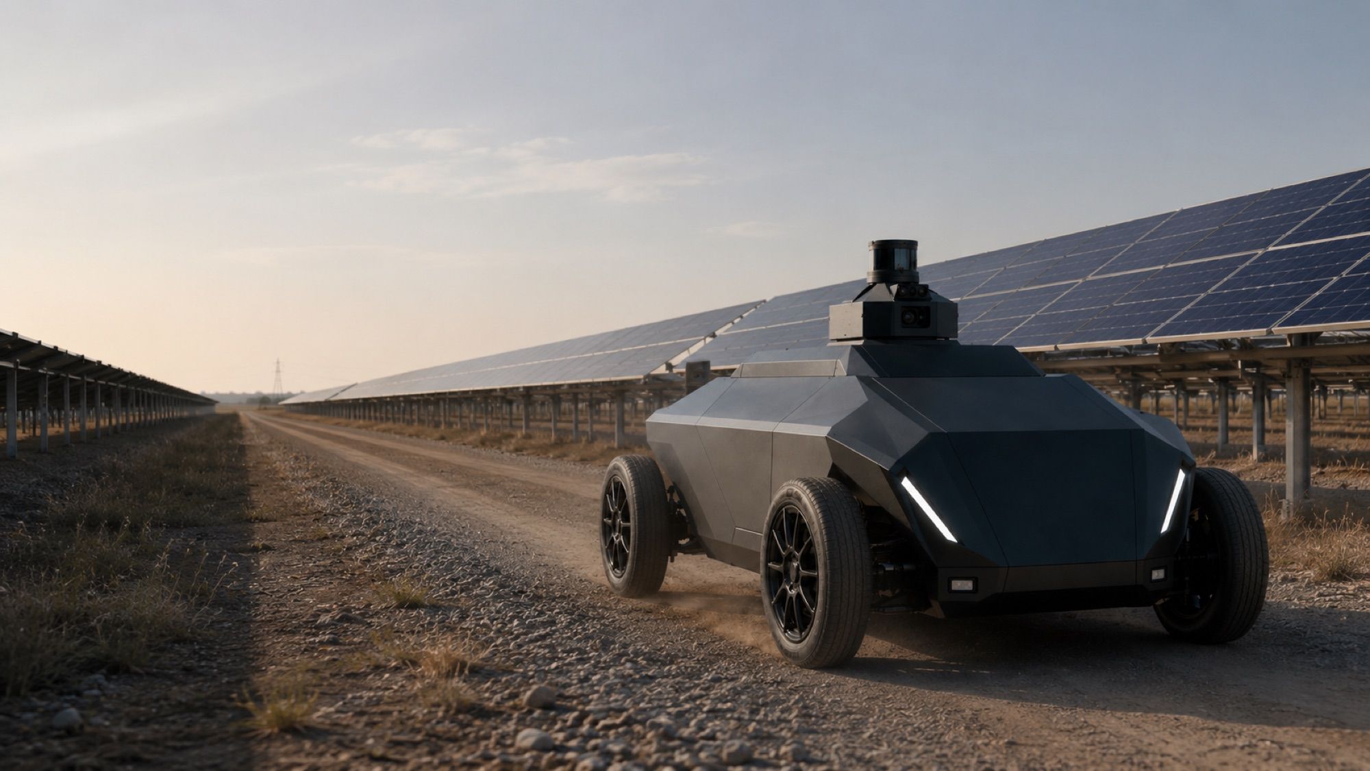 Render of the SX-1 robot on a track between the panels of a solar farm.