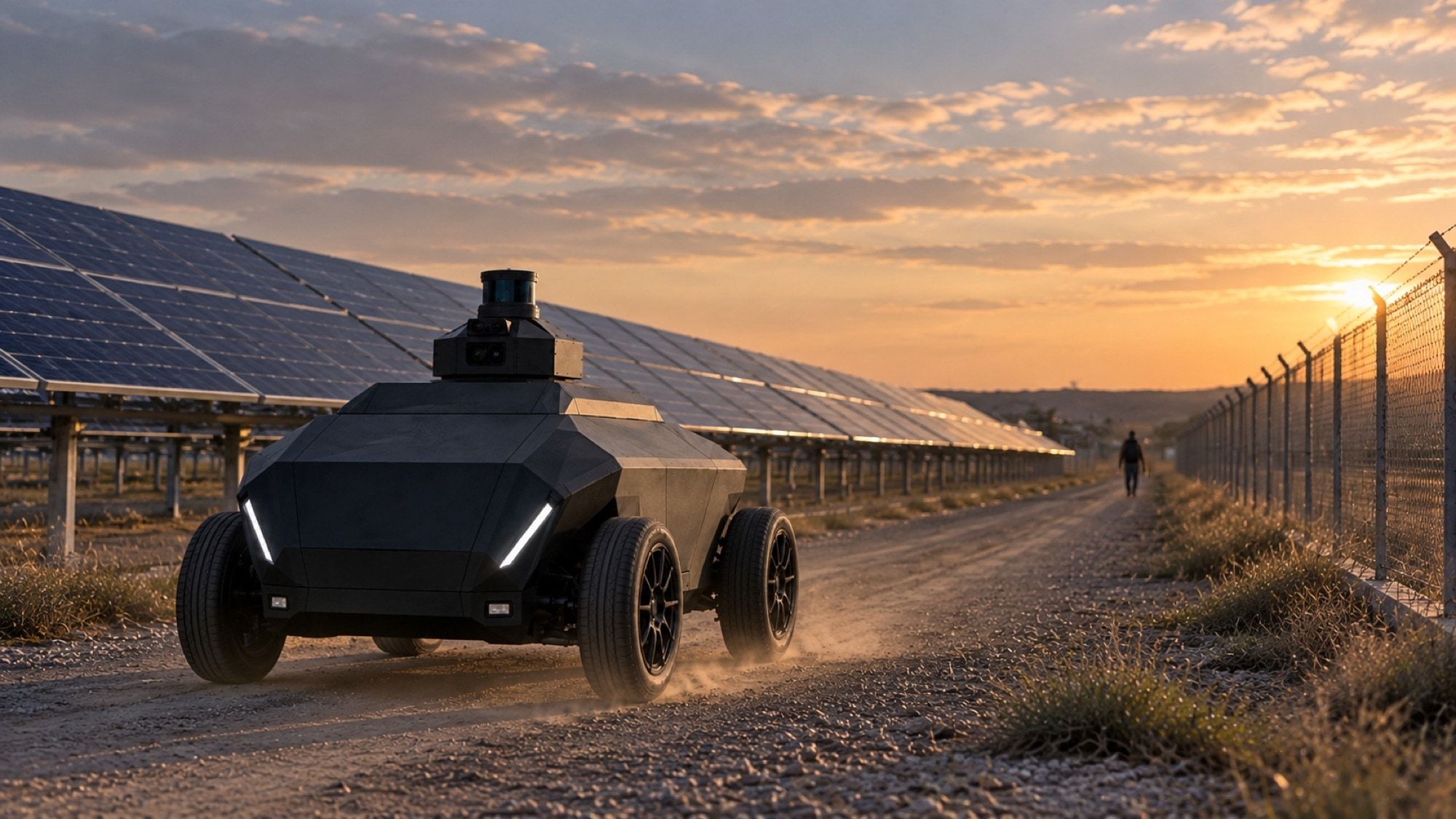 Render del robot SX-1 al atardecer junto a las filas de paneles de una planta solar, con las luces delanteras encendidas.